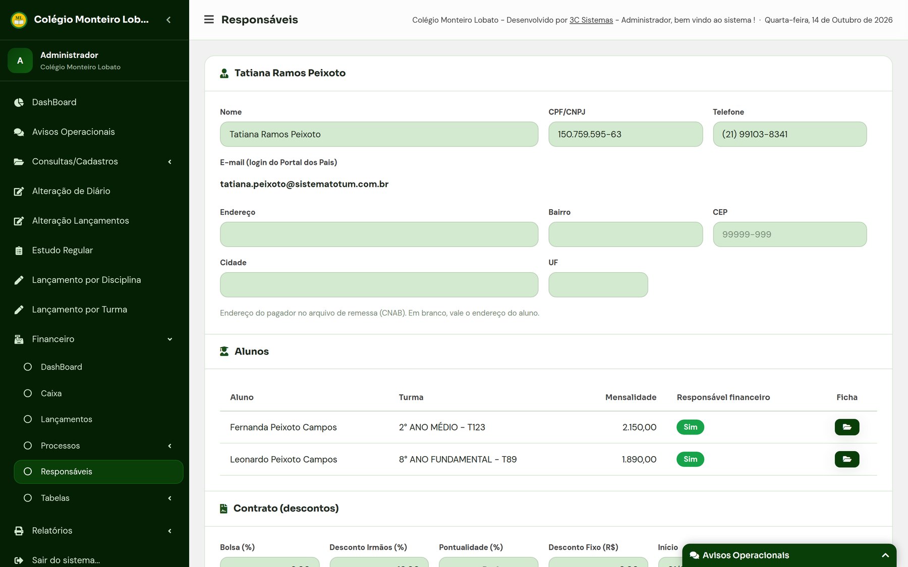 Responsável financeiro e contrato